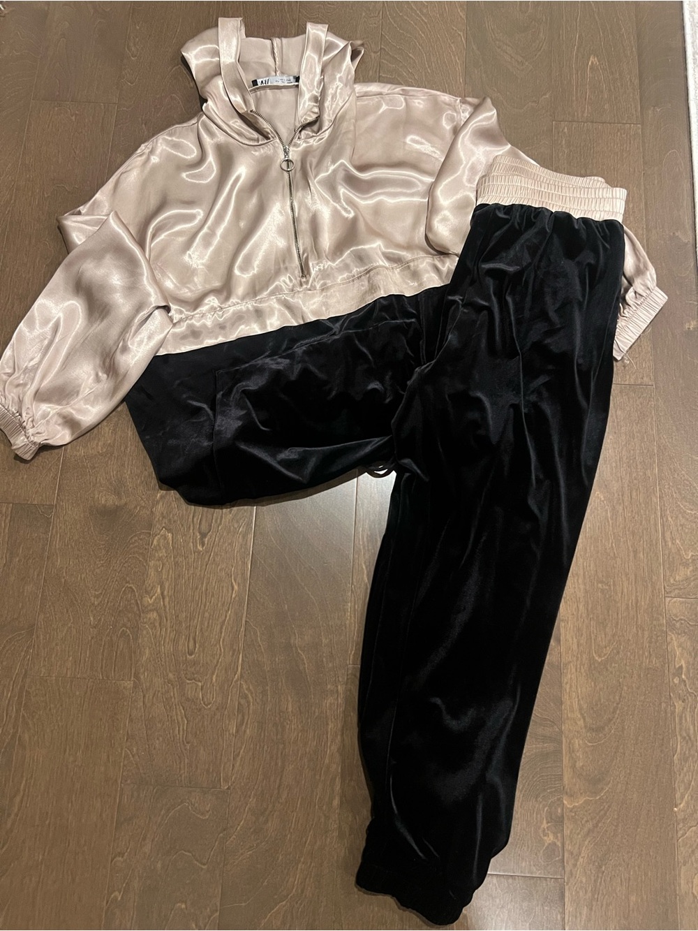 Satin Cream Hoodie & Black Velvet Joggers Set